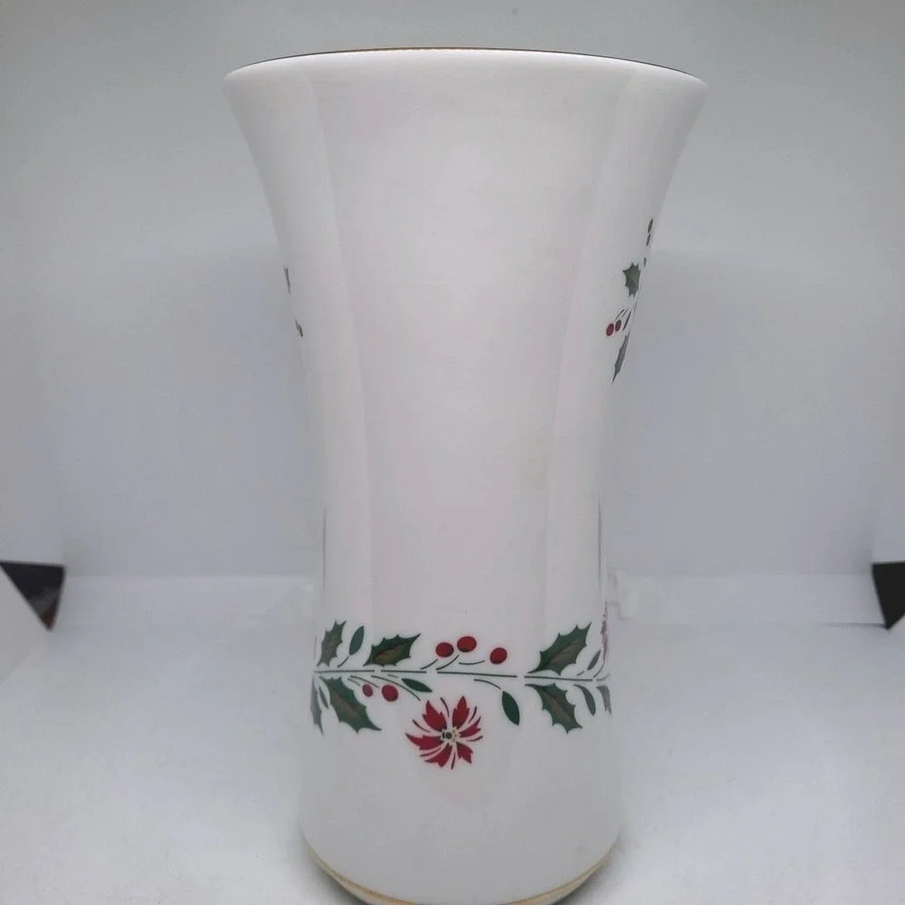 Vintage Poinsettia Porcelain Vase White Red Green Gold Trim Holiday Decor
